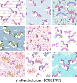 Vector seamless patterns with cute magic unicorns.