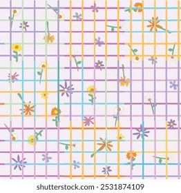Vetor padrões sem emenda com Daisy Flowers. Retro Bg em estilo Groovy Cartoon. Xadrez e flores