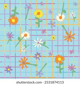 Vector Seamless Patterns with Daisy Flowers. Retro Bg in Groovy Cartoon Style. Plaid and flowers