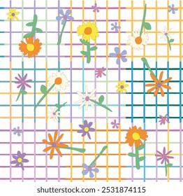 Vector Seamless Patterns with Daisy Flowers. Retro Bg in Groovy Cartoon Style. Plaid and flowers