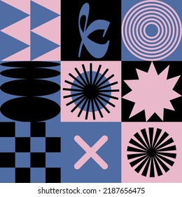 Vector Seamless Patterns With Different Geometric Shapes And Elements. Brutalist Design Icons And Signs. Basic Forms