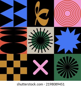 Vector Seamless Patterns With Different Geometric Shapes And Elements. Brutalist Design Icons And Signs. Basic Forms