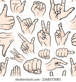 Vector Seamless Patterns with different popular hand gestures on a white background.