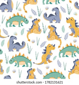 vector seamless patterns with dinosaurs and ferns. texture for children with cartoon motives and plants. patterns for decorating fabrics and children's clothing