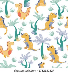 vector seamless patterns with dinosaurs and ferns. texture for children with cartoon motives and plants. patterns for decorating fabrics and children's clothing
