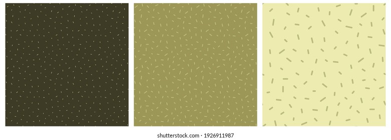 Patrones de vectores sin fisuras con puntos y rociadores. Fondo de doodle ruidoso. Los suaves colores verde caqui. Plantillas de tarjetas.