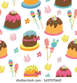 Vector seamless patterns with easter cakes decorated with colorful glaze, sweet baby birds in the nests and little eggs. Rabbit head candy and biscuits. Hand drawn illustration on white. 
