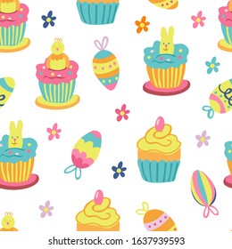 Vector seamless patterns with easter cupcakes decorated with sweet rabbits and chickens, easter colorful eggs. Hand drawn illustration on white background. Great for fabrics, wrapping papers, covers.