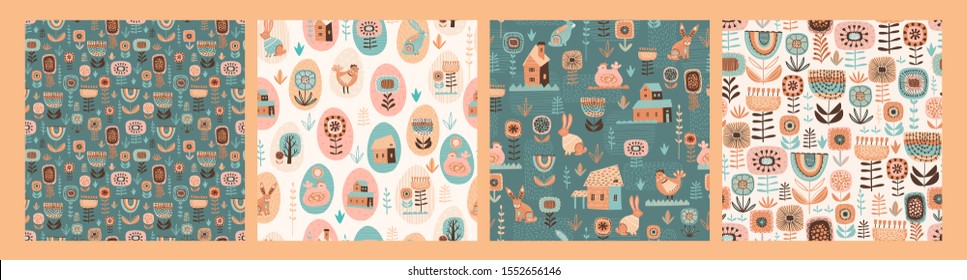 Vector seamless patterns with Easter symbols and folk flowers. For Easter and other users. Design element.