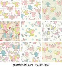 Vector seamless patterns with elephants and flowers