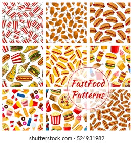 Vector seamless patterns of fast food pizza, chicken leg, sausage, hot dog, mexican tacos, cheeseburger, french fries, ice cream, soda bottle, donut, popcorn. Fastfood snacks, desserts, drinks.