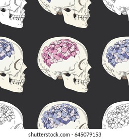 Vector seamless patterns with female skulls and colorful flowers. Brains in form of hydrangea and women's heads isolated on dark grey background