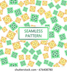 Vector seamless patterns with figured square elements with yellow and green gradient on white background.