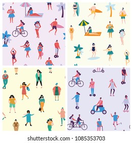 Vector seamless patterns in flat design with group people with different kinds of activities