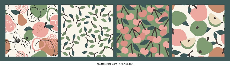 Vector seamless patterns with fruits. Trendy hand drawn textures. Modern abstract design for paper, cover, fabric, interior decor and other users.