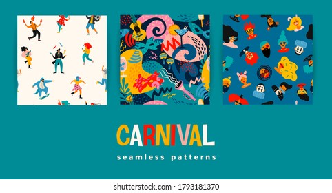 Vector seamless patterns with funny dancing men and women in bright modern costumes, carnival objects and abstract shapes. Design element for carnival concept and other use.