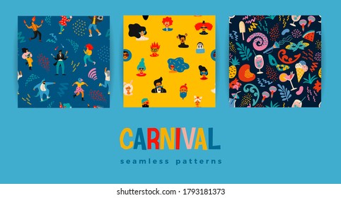 Vector seamless patterns with funny dancing men and women in bright modern costumes, carnival objects and abstract shapes. Design element for carnival concept and other use.