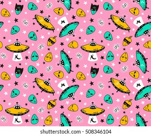 Vector seamless patterns with funny ufo. Colorful space seamless background for child fabric design.