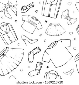 Vector seamless patterns with girls stuff. Fashion illustration with women's clothing, jewelry, cosmetics, gifts and romance. Actual vector drawing of cute things. Interests of a young girl.