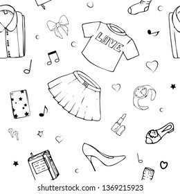 Vector seamless patterns with girls stuff. Fashion illustration with women's clothing, jewelry, cosmetics, gifts and romance. Actual vector drawing of cute things. Interests of a young girl.