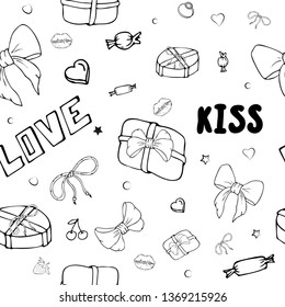 Vector seamless patterns with girls stuff. Fashion illustration with women's clothing, jewelry, cosmetics, gifts and romance. Actual vector drawing of cute things. Interests of a young girl.