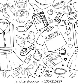 Vector seamless patterns with girls stuff. Fashion illustration with women's clothing, jewelry, cosmetics, gifts and romance. Actual vector drawing of cute things. Interests of a young girl.