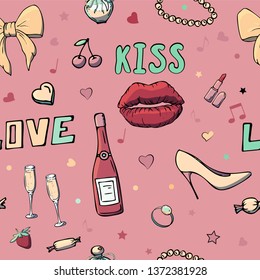 Vector seamless patterns with girls stuff. Fashion illustration with women's clothing, jewelry, cosmetics, gifts and romance. Actual vector drawing of cute things. Interests of a young girl.