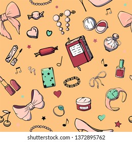 Vector seamless patterns with girls stuff. Fashion illustration with women's clothing, jewelry, cosmetics, gifts and romance. Actual vector drawing of cute things. Interests of a young girl.