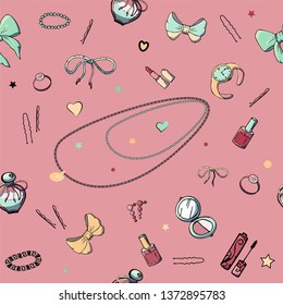 Vector seamless patterns with girls stuff. Fashion illustration with women's clothing, jewelry, cosmetics, gifts and romance. Actual vector drawing of cute things. Interests of a young girl.