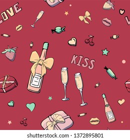 Vector seamless patterns with girls stuff. Fashion illustration with women's clothing, jewelry, cosmetics, gifts and romance. Actual vector drawing of cute things. Interests of a young girl.