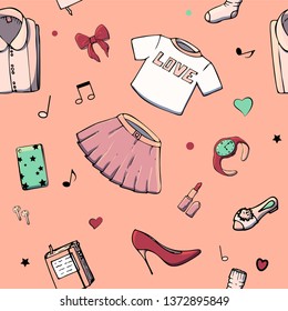 Vector seamless patterns with girls stuff. Fashion illustration with women's clothing, jewelry, cosmetics, gifts and romance. Actual vector drawing of cute things. Interests of a young girl.