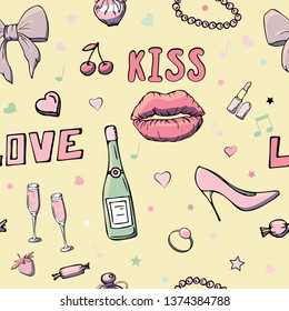 Vector seamless patterns with girls stuff. Fashion illustration with women's clothing, jewelry, cosmetics, gifts and romance. Actual vector drawing of cute things. Interests of a young girl.