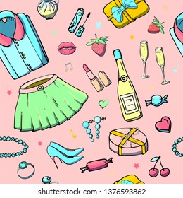 Vector seamless patterns with girls stuff. Fashion illustration with women's clothing, jewelry, cosmetics, gifts and romance. Actual vector drawing of cute things. Interests of a young girl.