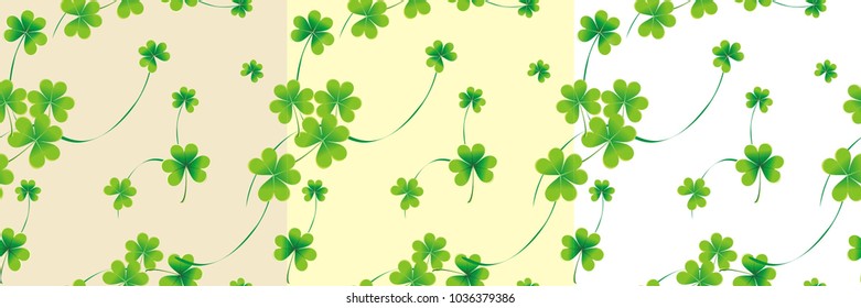 Vector seamless patterns, green clover on bright neutral backgrounds.