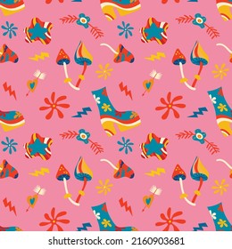 Vector seamless patterns, groovy hippie backgrounds, Retro 70s psychedelic. Bright funky print with flowers, mushrooms, nippy boots, a set of vector drawings in the hippie style. Pattern for postcards