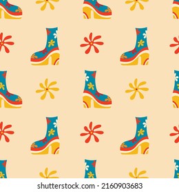 Vector seamless patterns, groovy hippie backgrounds, Retro 70s psychedelic. Bright funky print with flowers, mushrooms, nippy boots, a set of vector drawings in the hippie style. Pattern for postcards