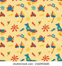 Vector seamless patterns, groovy hippie backgrounds, Retro 70s psychedelic. Bright funky print with flowers, mushrooms, nippy boots, a set of vector drawings in the hippie style. Pattern for postcards
