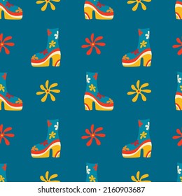 Vector seamless patterns, groovy hippie backgrounds, Retro 70s psychedelic. Bright funky print with flowers, mushrooms, nippy boots, a set of vector drawings in the hippie style. Pattern for postcards