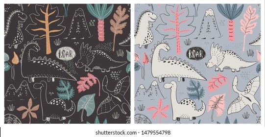 Vector seamless patterns with hand drawn dinosaurs and tropical leaves and flowers. Two different colors. Perfect for kids fabric, textile, nursery background. Cute dino design.