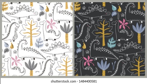 Vector seamless patterns with hand drawn dinosaurs and tropical leaves and flowers. Two different colors. Perfect for kids fabric, textile, nursery background. Cute dino design.