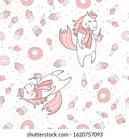 Vector seamless patterns with hand drawn cute unicorns, sweets and coffee on white background. Cartoon style. Pink and white image. For print, children room decoration and other.