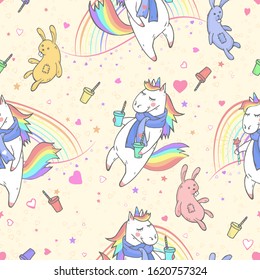 Vector seamless patterns with hand drawn fat unicorns, rabbit, hearts, coffee and rainbow on light yellow background. Cartoon style. Color image. 