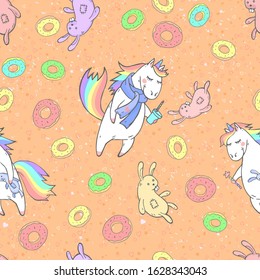Vector seamless patterns with hand drawn cute unicorns,  donuts, coffee and bunny on orange background. Cartoon style. Color image. For print, t-shirts, design, children room decoration and other.