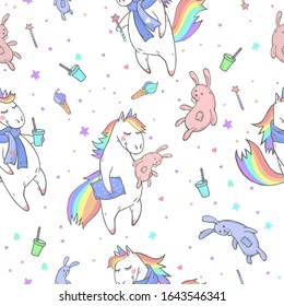 Vector seamless patterns with hand drawn cute unicorns, ice cream, coffee and toy on white background. Cartoon style. Color image. For print, t-shirts, design, children room decoration and other.