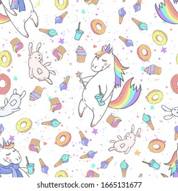 Vector seamless patterns with hand drawn cute unicorns, magic wand, sweets and toy on white background. Cartoon style. Color image. For print, t-shirts, design, children room decoration and other.