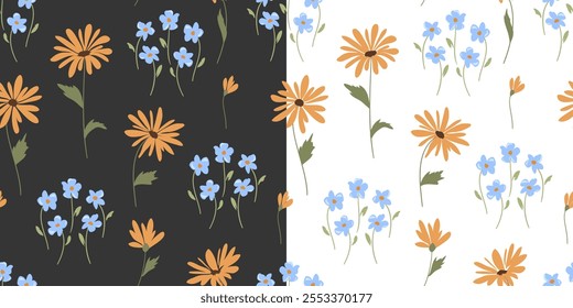 Vector seamless patterns with hand drawn flowers on white and dark backgrounds