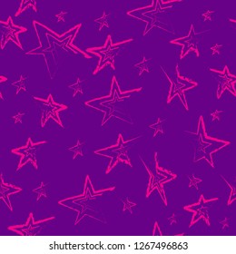 Vector seamless patterns of hand-drawn pink stars on the purple background 