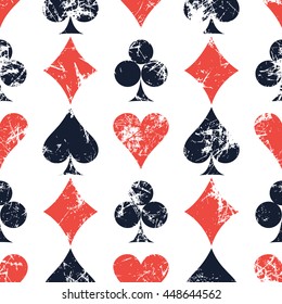 Vector seamless patterns with icons of playings cards. Creative geometric white, red, black grunge backgrounds. Texture with cracks, scratches, attrition. Series of Gaming, Gambling Seamless Patterns.