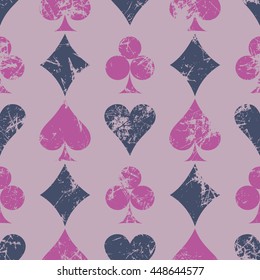 Vector seamless patterns with icons of playings cards. Creative geometric violet grunge backgrounds. Texture with cracks, scratches, attrition. Series of Gaming, Gambling Seamless Patterns.