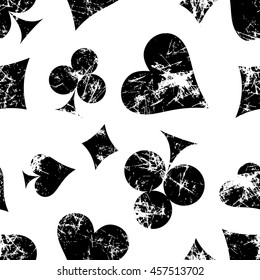 Vector seamless patterns with icons of playings cards. Creative geometric black and white grunge backgrounds. Texture with cracks, scratches, attrition. Series of Gaming, Gambling Seamless Patterns.